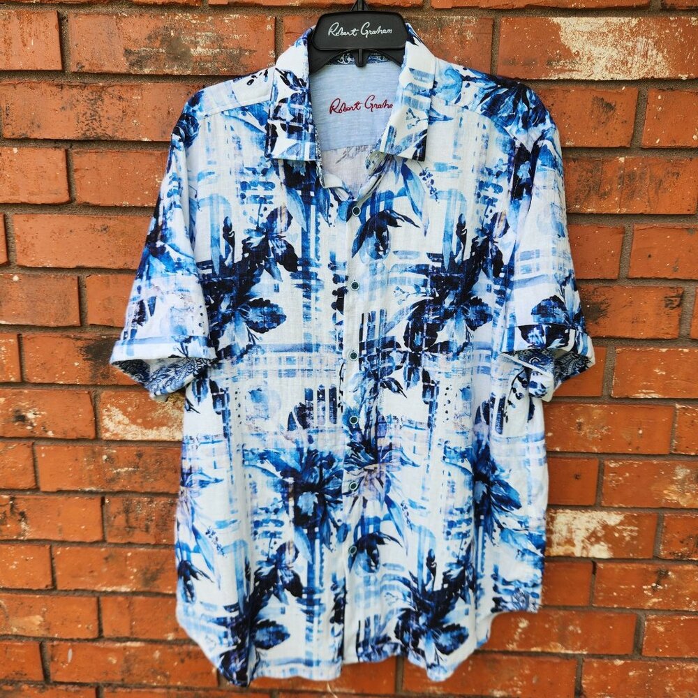 Robert Graham Charach Blue Floral Linen & Cotton Button-Up Men's Shirt L
